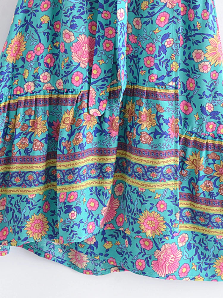 Kimmy's Hippie, Vintage, Stylish, Trendy, Boho, V-Neck, Floral, Printed, Bohemian, Mini Dress