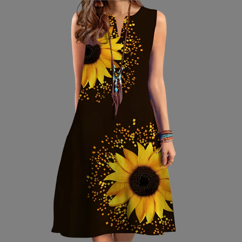 Huda's A-Line Sleeveless Sunflower printed Dress