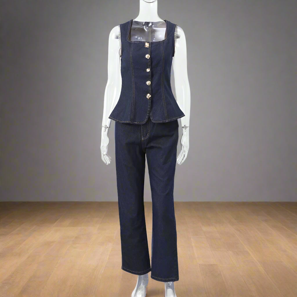 Denim vest and pants on a mannequin against a white background