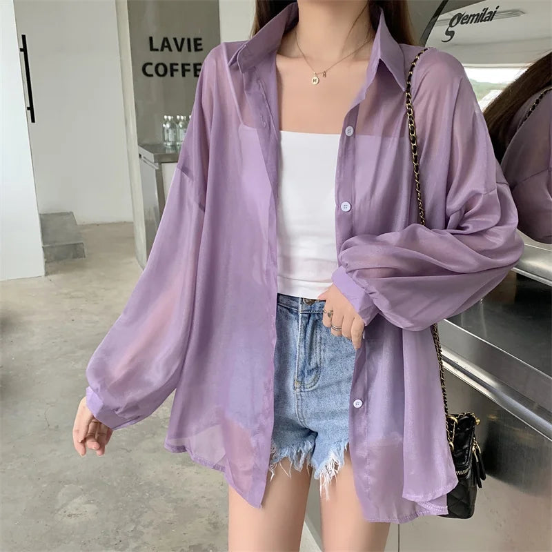 Lina's Chiffon see-through sun-proofed loose long sleeves blouse shirt