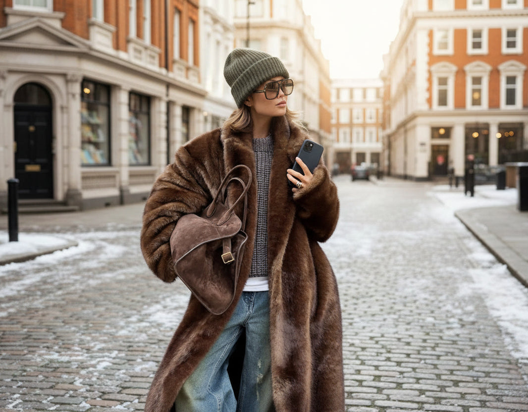 Person wearing a brown fur coat taking a selfie in london street