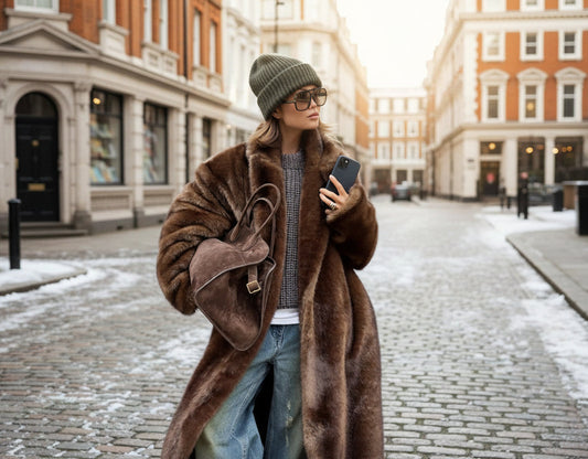Person wearing a brown fur coat taking a selfie in london street
