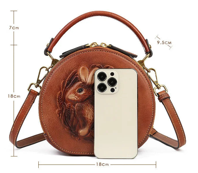 Karma's Genuine Leather, Round Shape, Vintage, Stylish, Retro, Rabbit Embossed, Shoulder Bag