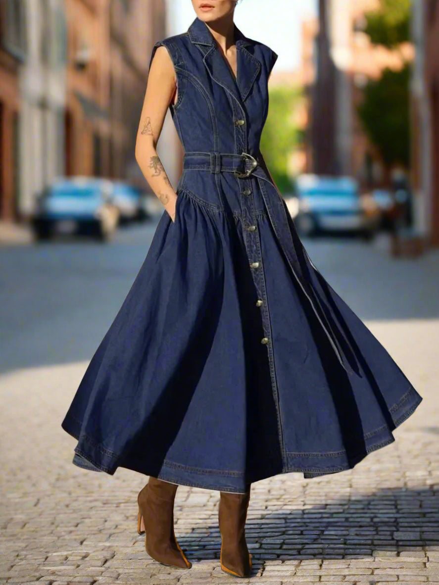 Person wearing a long blue denim dress standing against a backyard