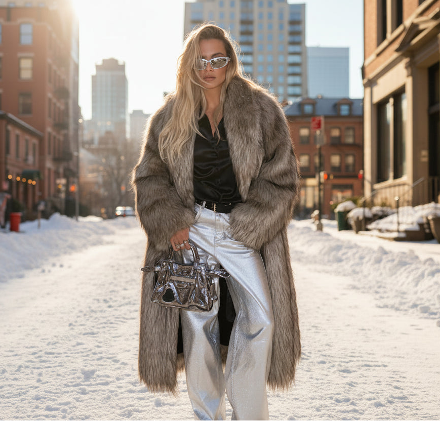 Person wearing a fur coat and sunglasses standing on a snowy surface with a cityscape in the background.