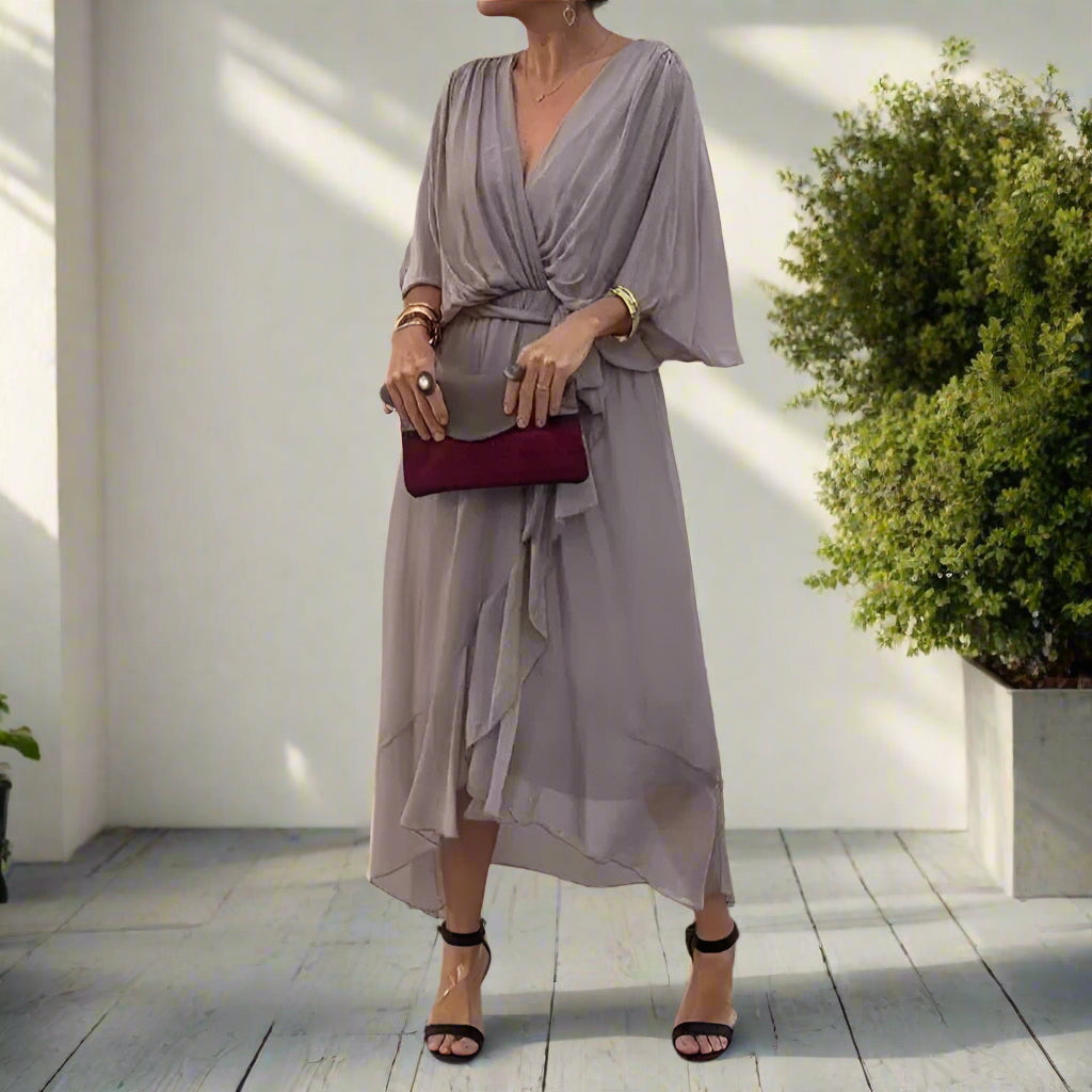 Iman's Irregular, Loose, Stylish, Trendy, V-Neck, Fluffy, Half Sleeves, Midi Dress