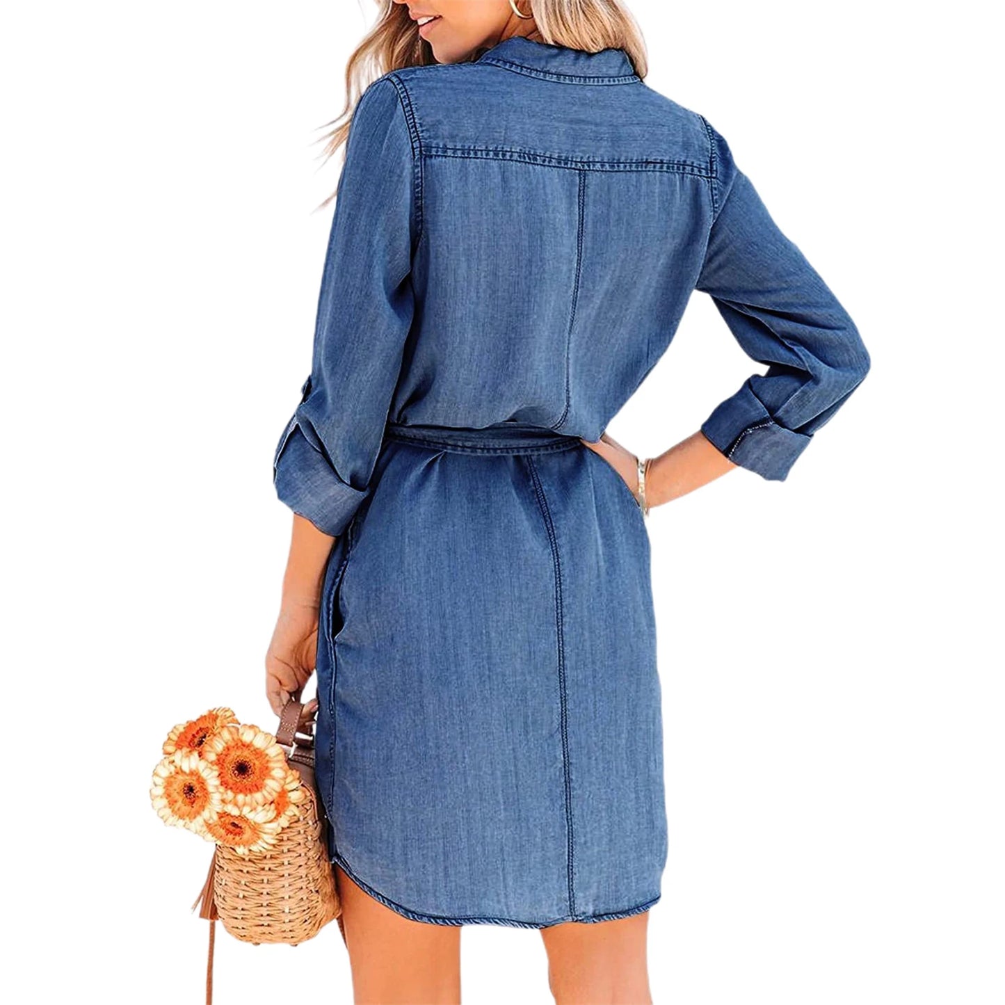 Angela's Belted Long Sleeves Casual Mini Denim Dress