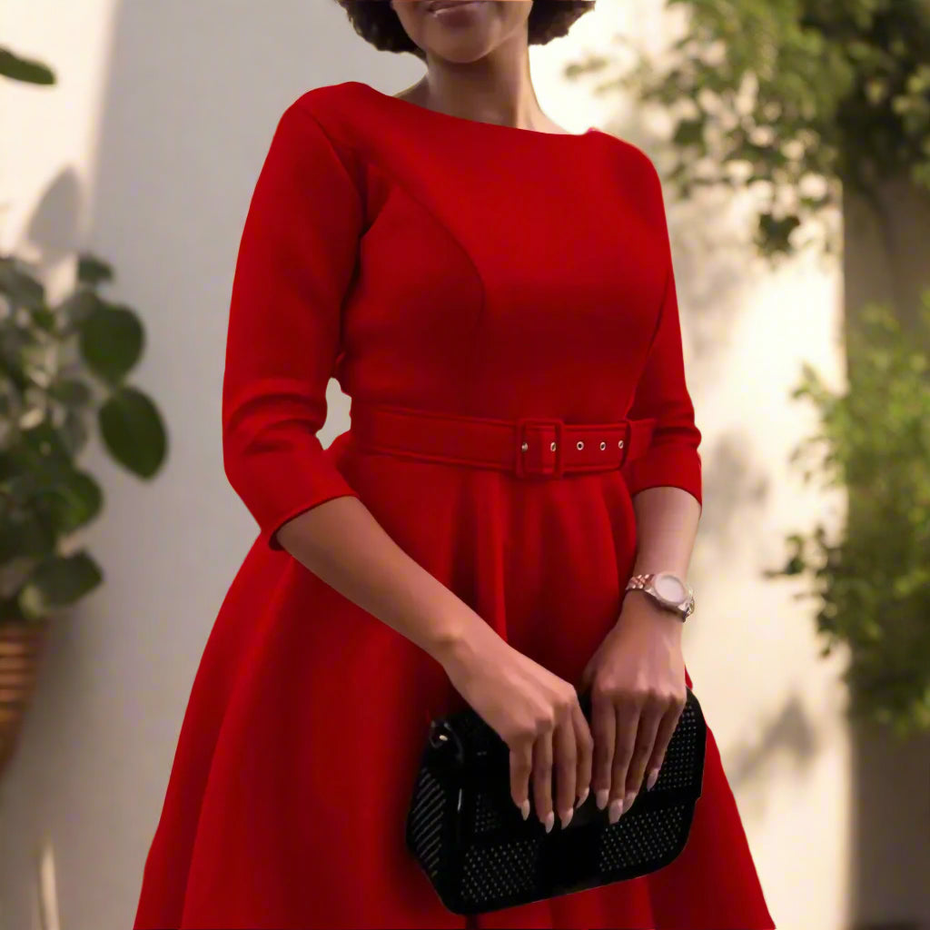 Deborah's Stylish, Formal, Trendy, A-Line, Classy, Sleeves, Belted, Midi, Office Dress