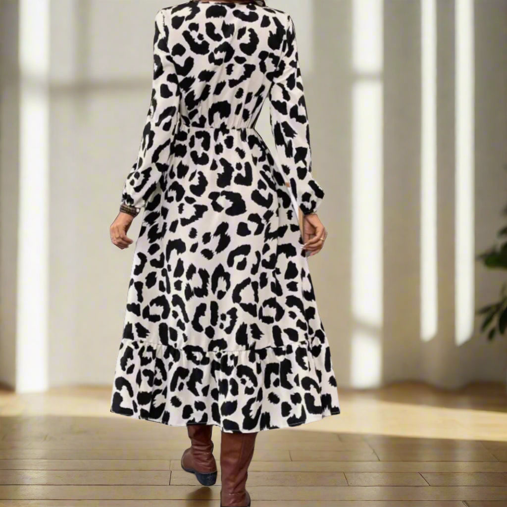 Hellen's Leopard Printed, Trendy, Stylish, Vintage, Long Sleeves, Elastic Waist, Slit Bottom, Midi Dress