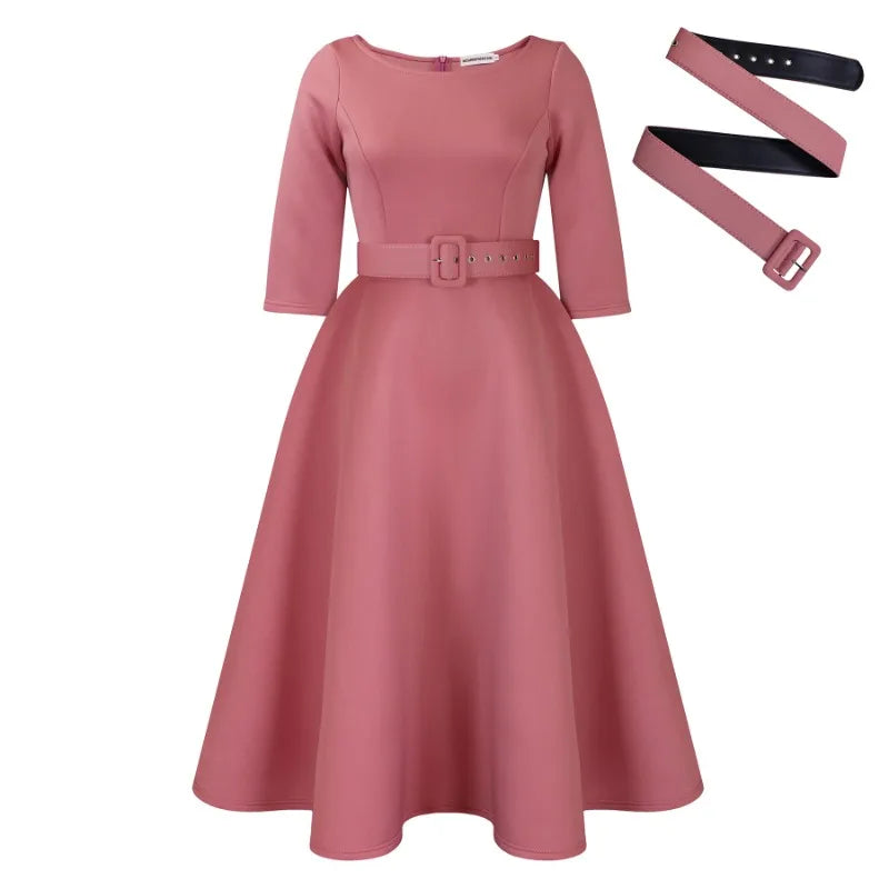 Deborah's Stylish, Formal, Trendy, A-Line, Classy, Sleeves, Belted, Midi, Office Dress