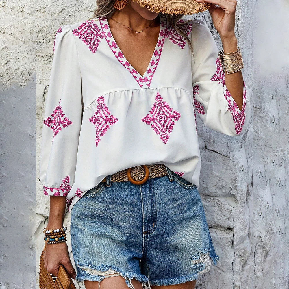 Emmy's Loose, Casual, Trendy, Stylish, Boho, Pullover, Printed Blouse