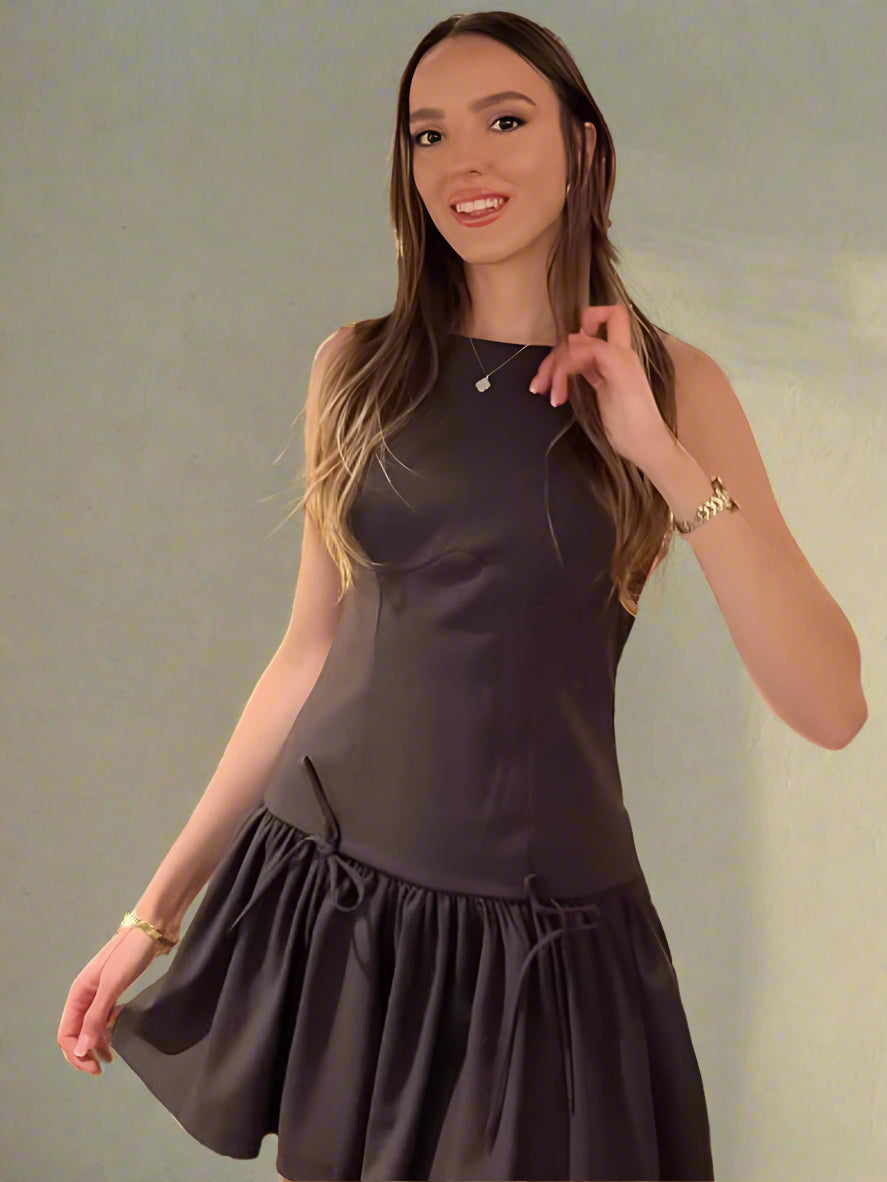 Elena's Party, Sleeveless, Solid Color, Stylish, Trendy, Pleated, Mini Dress