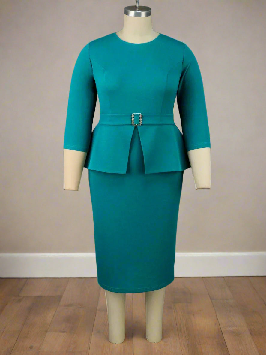 Dina's Blue Green, H-Line, Stylish, Trendy, Office Style, Plus Sizes, Midi, Knee Dress