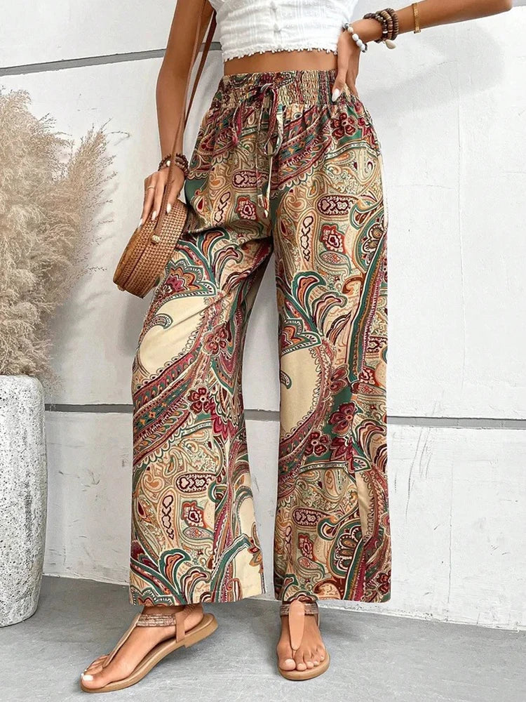 Lilly's Wide leg printed loose boho pants with Elastic-waist