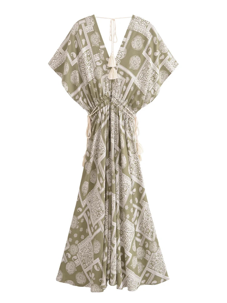 Alice's Vintage, Floral, Print, Batwing sleeves, stylish, Trendy, Boho, Maxi Bohemian Dress