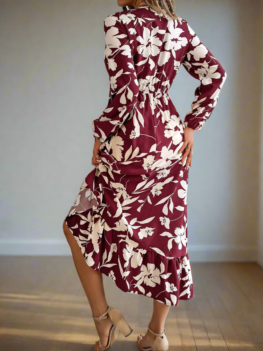 Vienna's Floral Print, Trendy, Stylish, Vintage, Elastic Waist, Long Sleeves, Pullover, Robe, Midi Long Dress