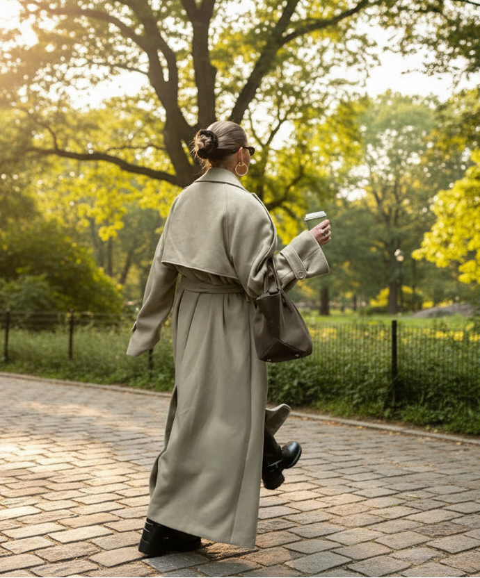 Person wearing a long beige coat walking on a park