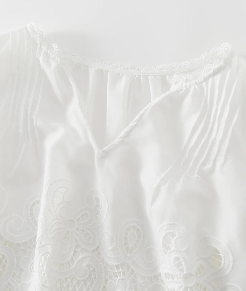 White lace dress with intricate patterns on a white background