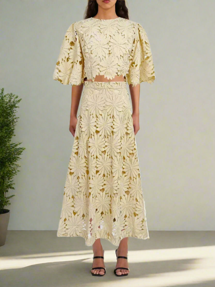 Woman wearing a yellow lace outfit seton a white background