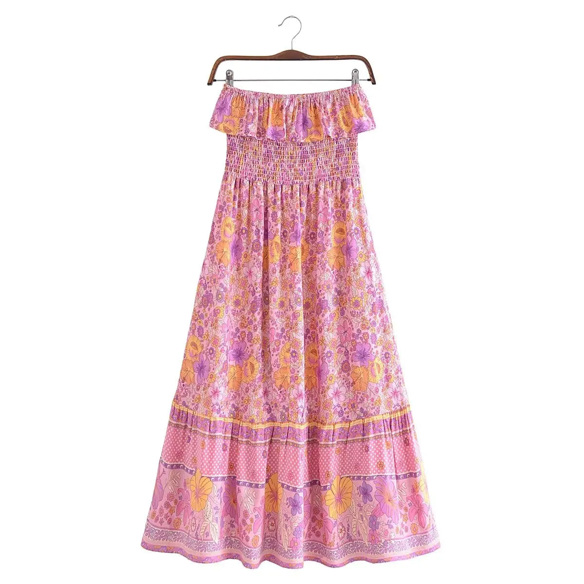 Maria's open Sabrina casual boho long dress with elastic waist