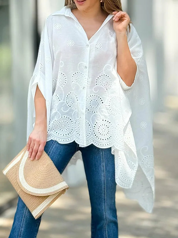 Yasmine's High-Low Hollow Out Loose Mid-sleeves Blouse