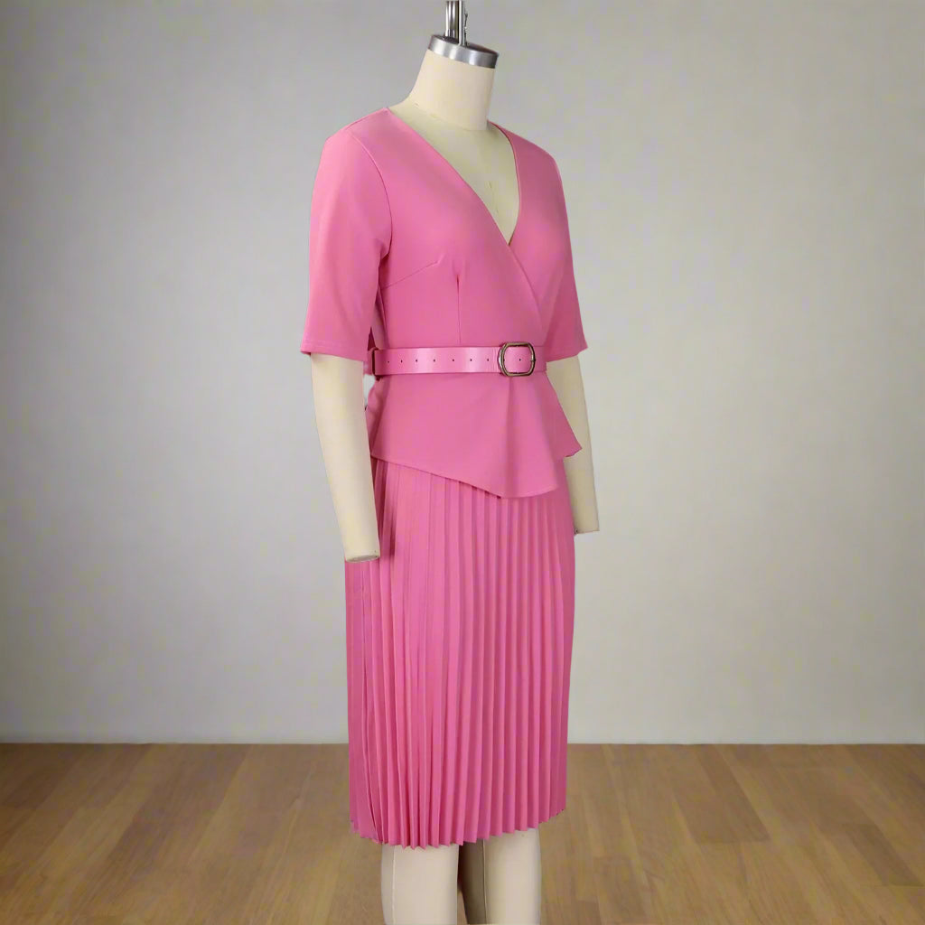 Liz's Plus size, stylish, trendy, Pleated, Temperament, V-Neck, Midi, Office Dress