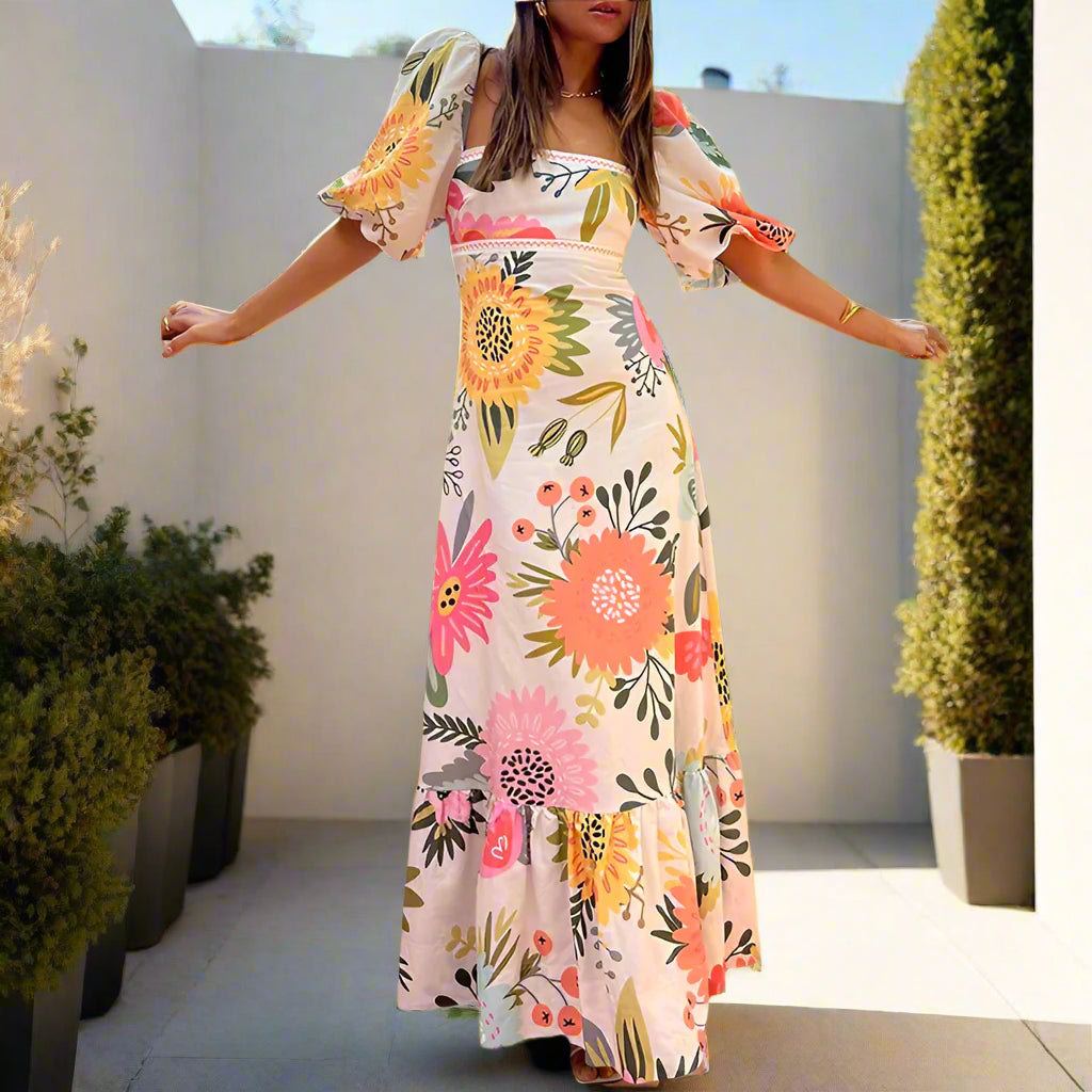 Daisy's Floral, Printed, Square Neck, Trendy, Stylish, Vintage, Boho, Lantern, Party Summer Dress