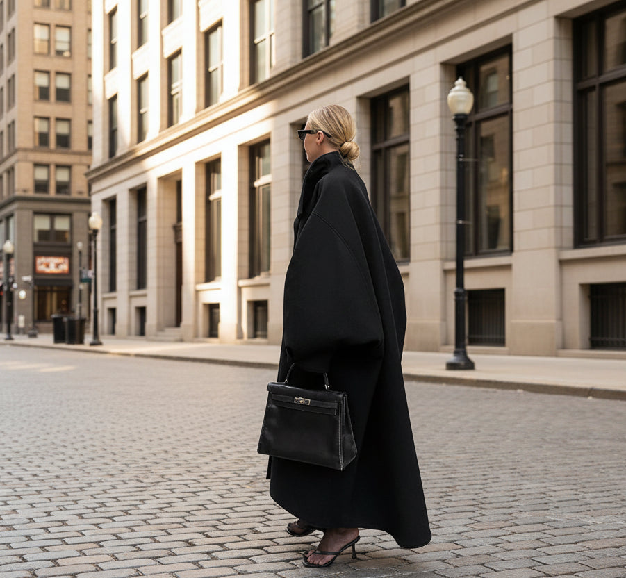 Person wearing a black coat and holding a black handbag against a white building background