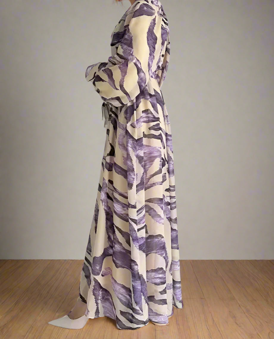 Yassmine's Chiffon, Printed, Pattern, Trendy, Vintage, Elegant, Loose, Stylish, Lantern Sleeves, Maxi Dress