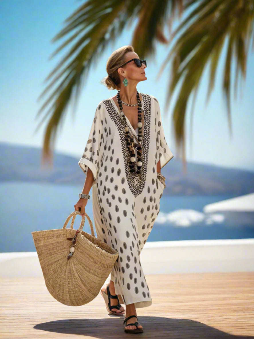 Woman in a white dress with black patterns walking down a sunlit street.