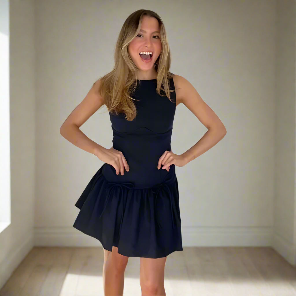 Elena's Party, Sleeveless, Solid Color, Stylish, Trendy, Pleated, Mini Dress