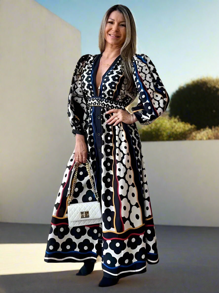 Carmen's Boho, Printed, Deep V-Neck, Long Sleeves, Summer, Stylish, Trendy, Long Dress