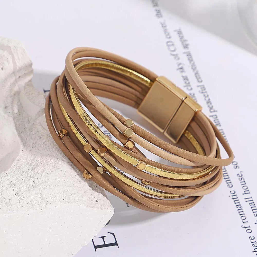 Tanya's Triple Color Leather Bohemian Metal Beads Multilayer Thin Strip Wrap Bracelets