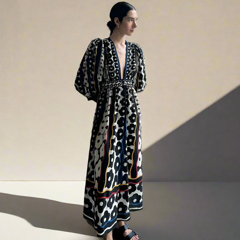 Carmen's Boho, Printed, Deep V-Neck, Long Sleeves, Summer, Stylish, Trendy, Long Dress