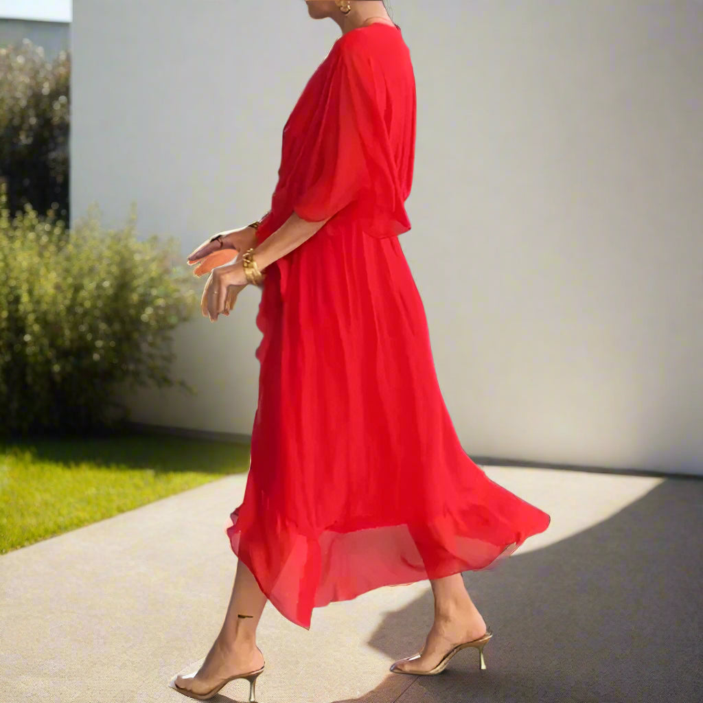 Iman's Irregular, Loose, Stylish, Trendy, V-Neck, Fluffy, Half Sleeves, Midi Dress