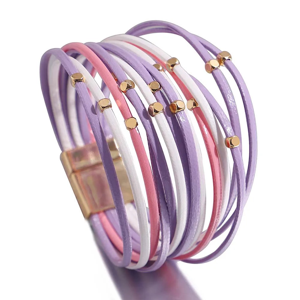 Tanya's Triple Color Leather Bohemian Metal Beads Multilayer Thin Strip Wrap Bracelets