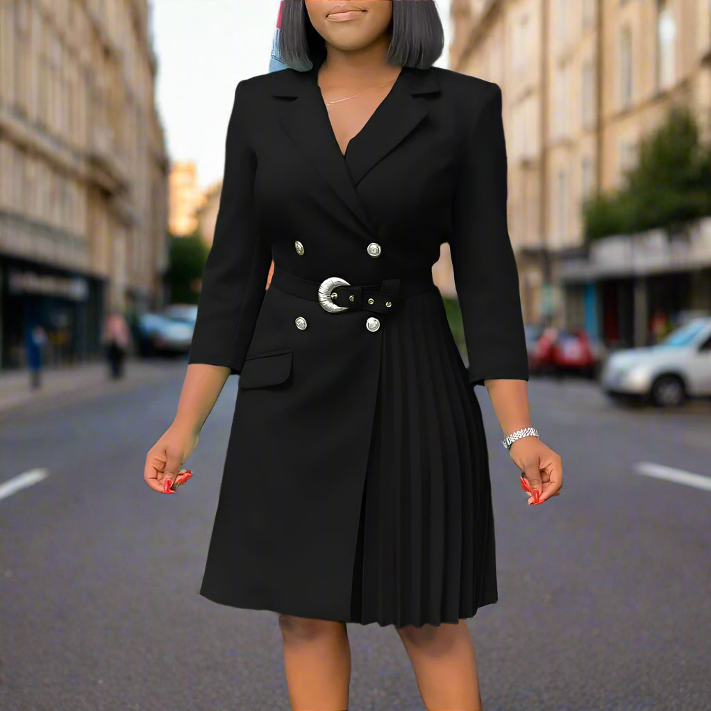 Stacey's Trendy, Stylish, Vintage, Pleated, On Knee, 3/r Sleeves, Solid Color, Office Dress