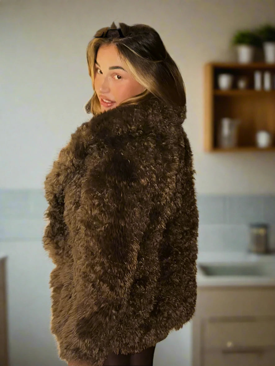 Liza's Winter Teddy Shaggy Faux Fur Long Sleeve short coat