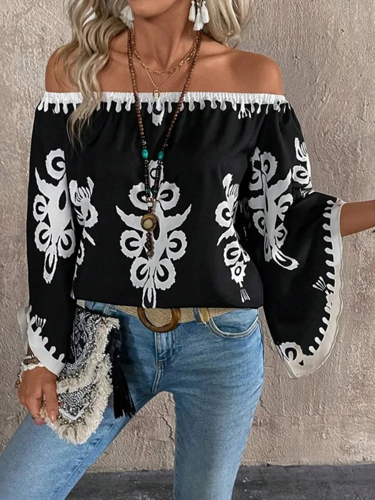 Dina's Loose, Casual, Trendy, Stylish, Boho, Off-shoulder, Printed Sleeves Blouse