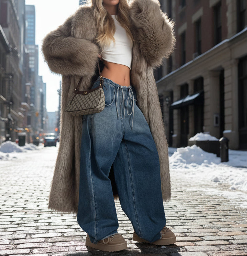 Person wearing a fur coat, white top, blue jeans, and brown shoes 