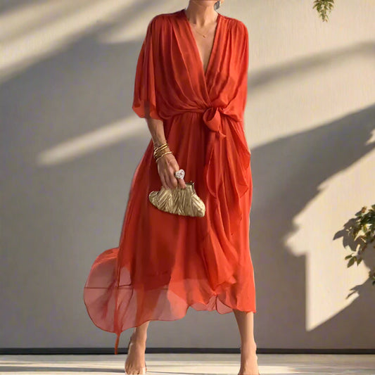 Iman's Irregular, Loose, Stylish, Trendy, V-Neck, Fluffy, Half Sleeves, Midi Dress