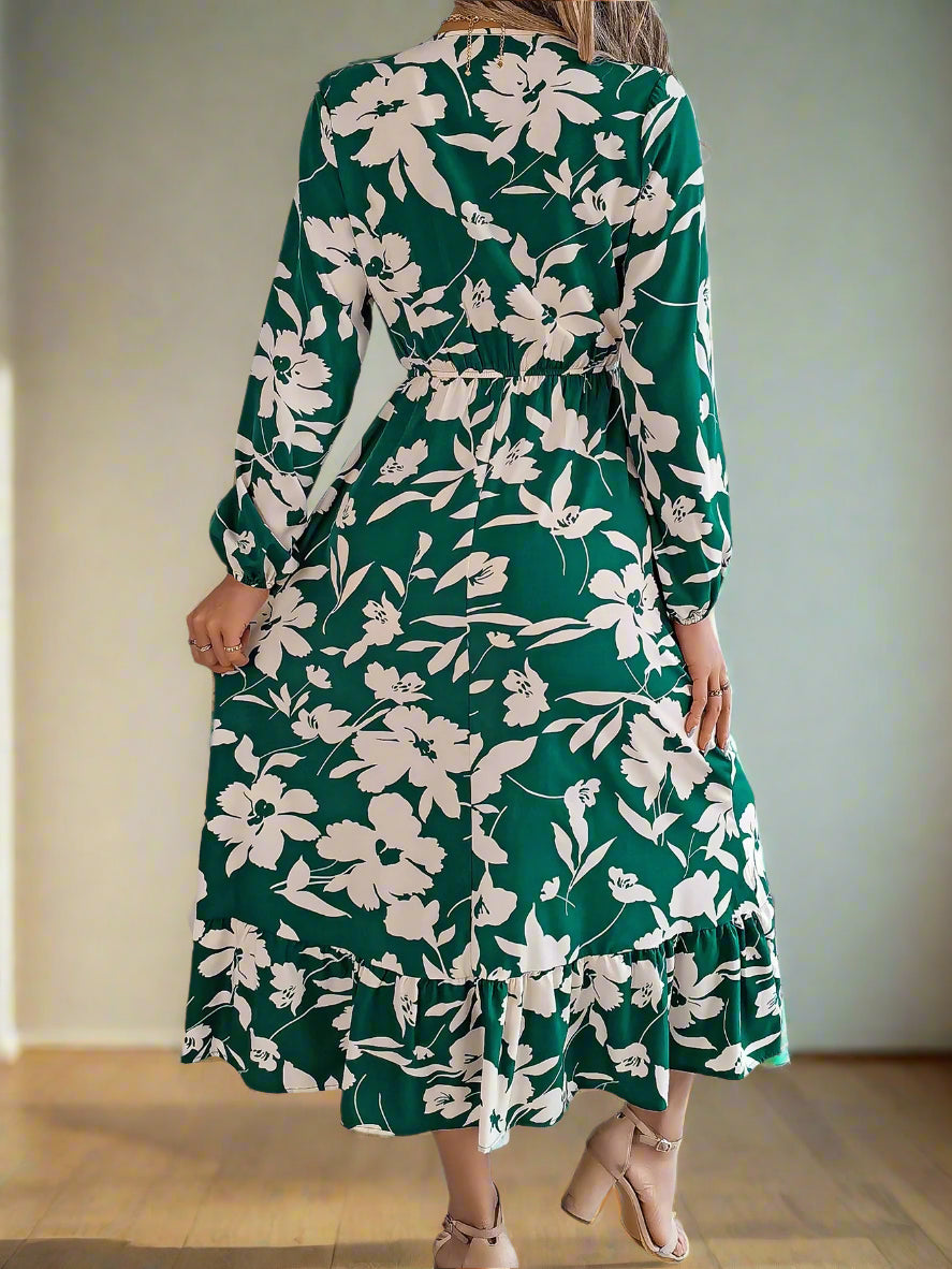 Vienna's Floral Print, Trendy, Stylish, Vintage, Elastic Waist, Long Sleeves, Pullover, Robe, Midi Long Dress