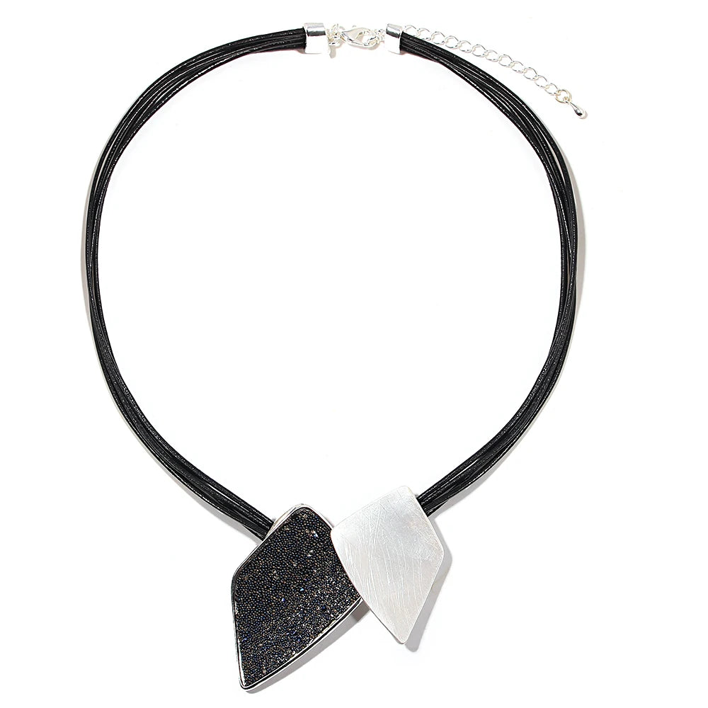 Rein's Irregular geometric design Necklace- Boho Leather chain (Silver, Gold)