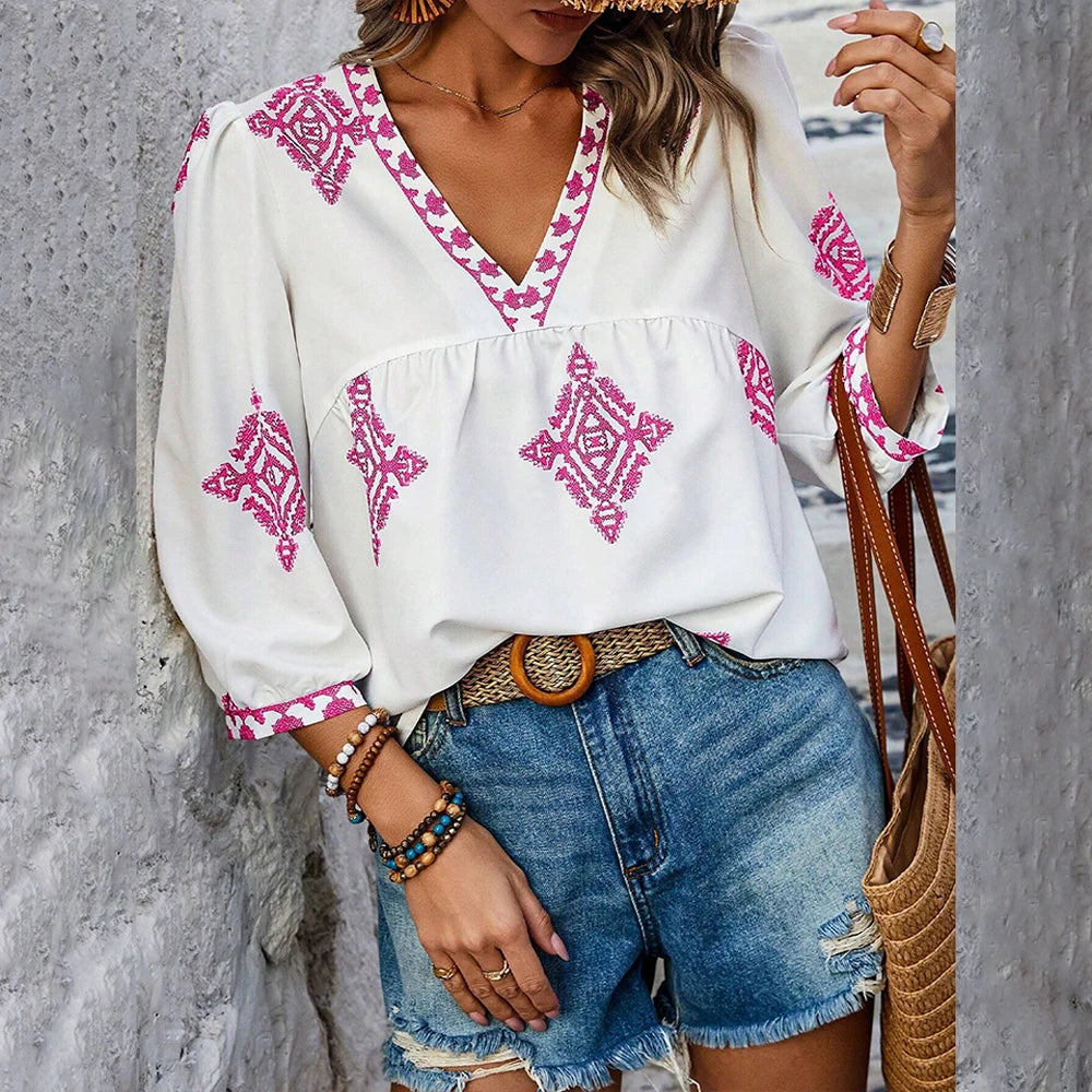 Emmy's Loose, Casual, Trendy, Stylish, Boho, Pullover, Printed Blouse