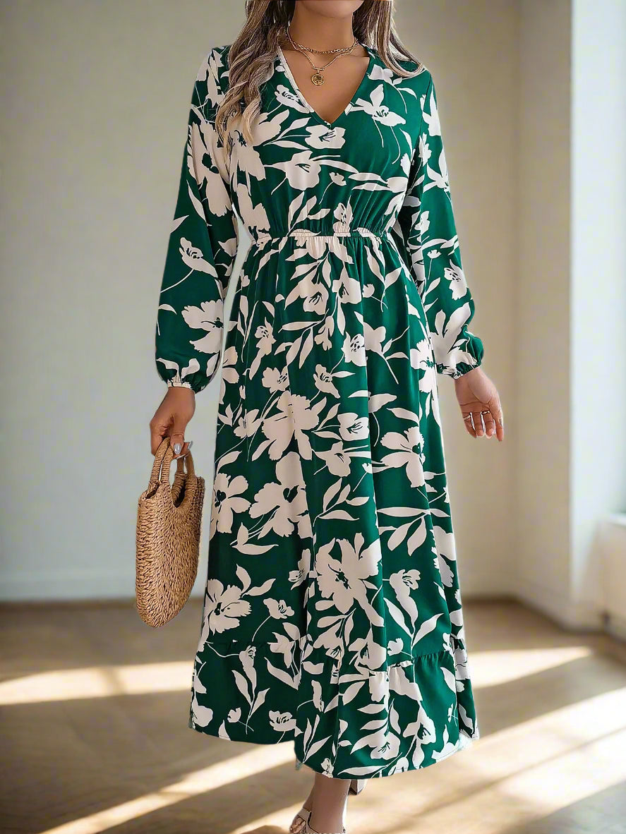 Vienna's Floral Print, Trendy, Stylish, Vintage, Elastic Waist, Long Sleeves, Pullover, Robe, Midi Long Dress