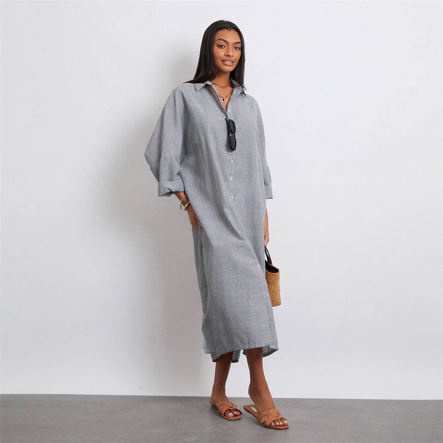 Rosa's Baggy, Loose, Striped, Trendy, Stylish, Boho, Vintage, Long Sleeves, Long Shirt Dress