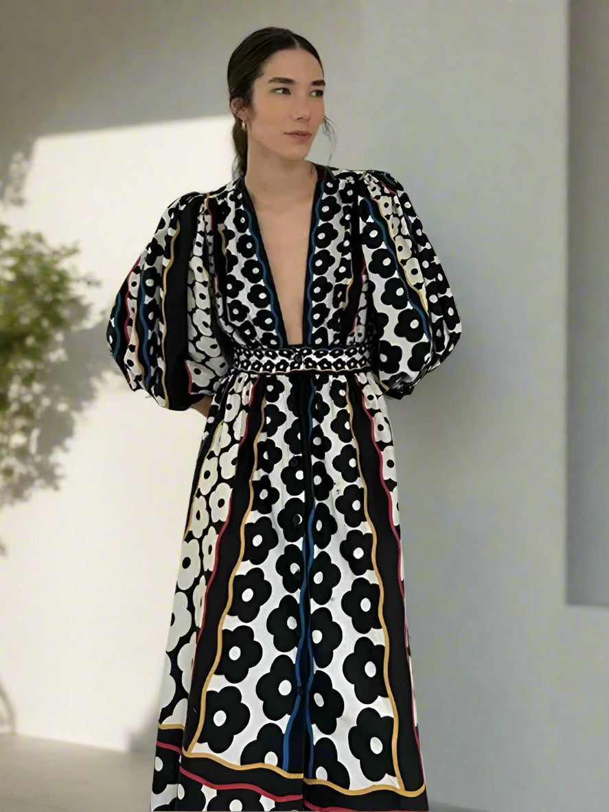 Carmen's Boho, Printed, Deep V-Neck, Long Sleeves, Summer, Stylish, Trendy, Long Dress