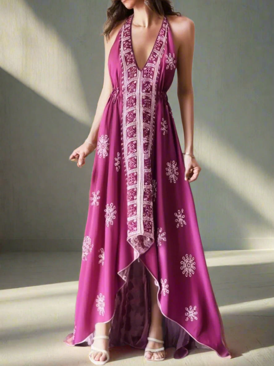 Mila's Floral, Backless, Beach, Party, Boho, Holiday, High-Low, Maxi Dress