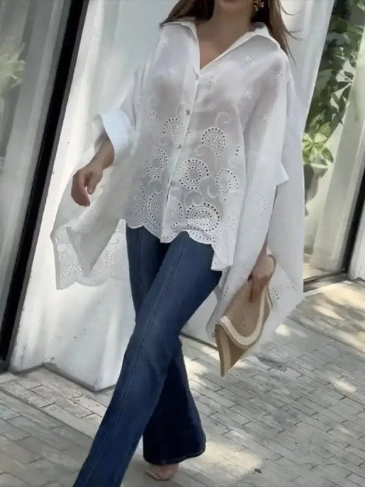 Yasmine's High-Low Hollow Out Loose Mid-sleeves Blouse