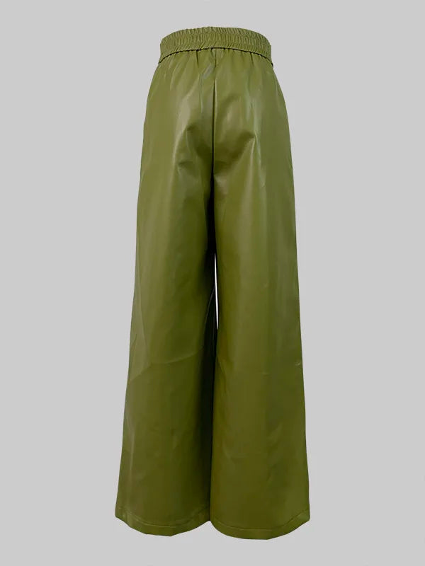 Yara's High Waist, Loose Wide Legs, Faux Leather Long Pant with Pockets